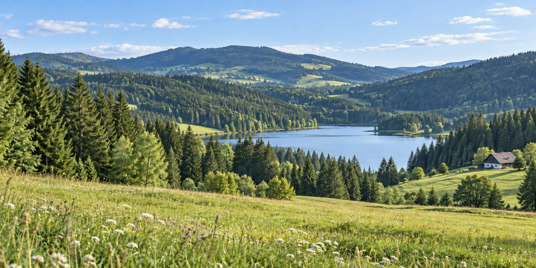 Illustratives Schwarzwaldmotiv mit See, KI-generierte Abbildung