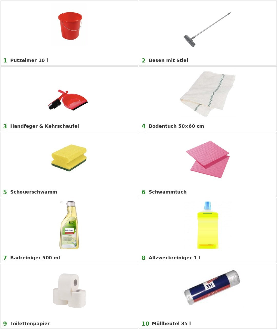 Reinigungspaket Erstausstattung, 10-teilig: Putzeimer 10 l, Besen mit Stiel, Handfeger und Kehrschaufel, Bodentuch 50x60 cm, Scheuerschwamm, Schwammtuch, Badreiniger 500 ml, Allzweckreiniger 1 l, Toilettenpapier, Müllbeutel 35 l